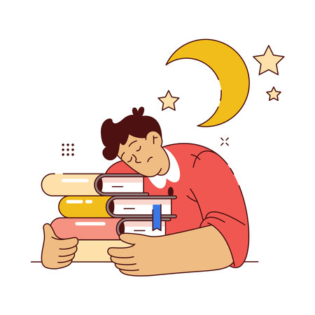 Student fell asleep, sleeping on books during preparation for examination or test. Vector isolated flat cartoon character, school or university pupil ready for exams. Tired personage with textbooksのイラスト素材