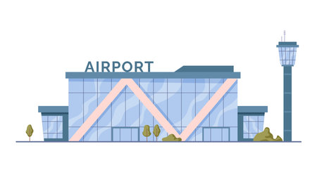 Exterior of modern airport building with landscape design and control tower for observation. Vector flat cartoon, isolated construction for arrival and departure of planes, traveling and tripsのイラスト素材
