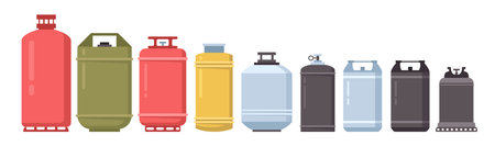 Canisters for storage gas or petroleum. Vector isolated set of bottles with copy space for brand. Propane butane, industrial chemical substances. Nitrogen, carbon dioxide, helium tanks kitのイラスト素材