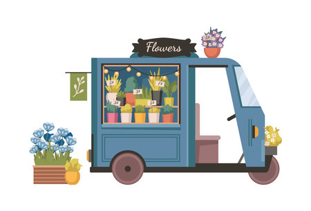 Florist store, isolated tuck mobile kiosk selling floral composition to clients. Vector flower shop with potted plants for home and vases with bouquets for presents. Business and floristry hobbyのイラスト素材