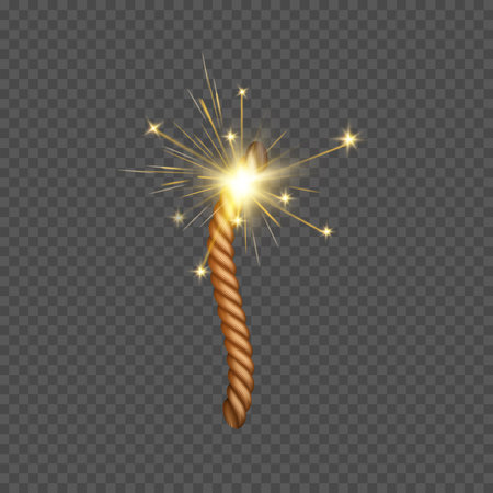 Burning fire wicks, realistic thread with burnt effect. Vector firecracker or fireworks twisted ropes with flames, lighted dynamite fuses. Flammable ropes for weapon and explosive equipmentのイラスト素材