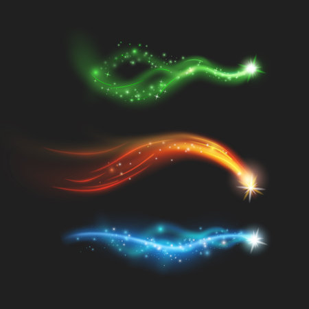 Luminous neon bright shining with trail, isolated realistic set. Vector magic streams and lights. Bright rays of glowing energy, sparkles and twinkle. Tail of comet or shooting star sparkのイラスト素材
