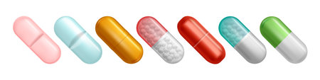 Medicine for healthcare and treatment. Vector isolated set of realistic pills and capsules. Pharmacy...