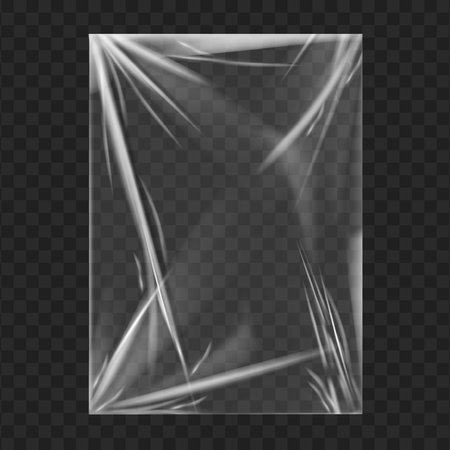 Stretched cling film or plastic wrapping from products or goods. Vector isolated wrinkled packaging polyethylene translucent texture with torn effect. Stretch tape for wrap, grunge styleのイラスト素材