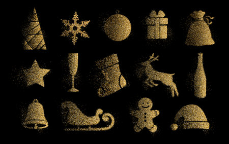 Christmas items covered in dusty glitter. Vector winter holidays decoration. Xmas tree and snowflake, bauble and star, gift and reinder, santa hat and sleigh, bell and gingerbread man, glass and sockのイラスト素材