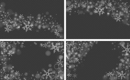 Christmas snow, chaotic flying snowflakes backgrounds collection. Vector seasonal holidays realistic frost flakes print set. Magic xmas snowfall texture. Winter snowstorm copy spaceのイラスト素材