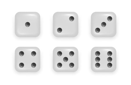 Cubes with dots for board games, gambling and poker, casino or entertainment. Vector isolated front view of set of dices with random numbers. Gaming design, choice and betting, risk and victoryのイラスト素材