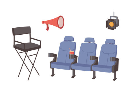 Director chair and seats of audience, megaphone and spotlight light for scene. Vector isolated set of cinema industry, cinematography filming process, rehearsal or audition for actors and actressesのイラスト素材
