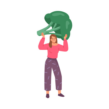 Tiny woman carrying vegetable broccoli, fresh food. Male with grocery product, little guy with vegetarian healthy food. Young person with big broccoli harvest, flat cartoon vector illustrationのイラスト素材