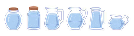 Cylindrical and rounded shape water jars with handles and lids, isolated set of carafe for liquids. Vector containers for storing aqua. Portable pitchers from plastic or glass for hydrationのイラスト素材
