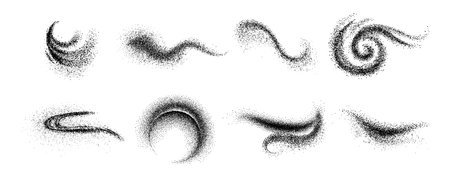 Grainy effect shapes and splashes of dust, powder or sand. Vector isolated realistic traces on surface, dots particles and grungy stardust item for art, home decor and design of typographyのイラスト素材