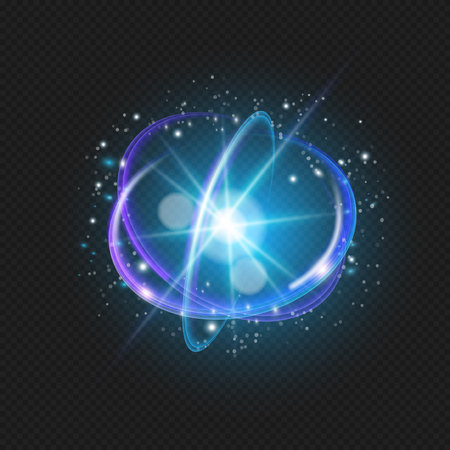 Dynamic atom light with neon pieces. Vector shining rings as symbol of motion of atomic particles. luminous energy object. Proton core, fusion orbit spin with glowing and shining ions setのイラスト素材