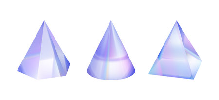 Transparent triangles 3D glass holographic objects. Vector isolated set of gradient figures, holographic background illustration. Creative geometry shapes, trendy hologram isolated on whiteのイラスト素材