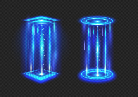 Futuristic hologram, game teleportation portals with glowing neon light. Vector energy circles and rays, light aura of magic doors. Level up effect for gaming design. Hole or tunnel for travelのイラスト素材