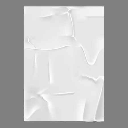 Glued paper wrinkled effect, isolated realistic wet page with wrinkles and creases. Vector blank template with copy space. Empty poster or banner with crumpled surface, white vertical billboardのイラスト素材