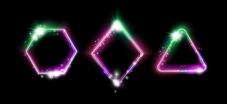Neon magic frames, set of realistic borders with glowing effect. Vector isolated icons with copy space, social media highlight, banners or typography graphics. Hexagonal and triangular shapesのイラスト素材