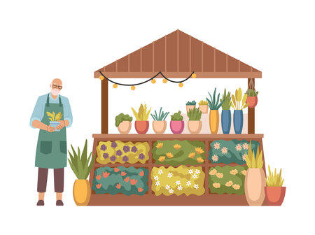 Florist store with assortments of flowers and bouquet compositions for clients. Vector isolated kiosk with bulb, market or fair selling blooming houseplants. Senior seller or owner of shopのイラスト素材