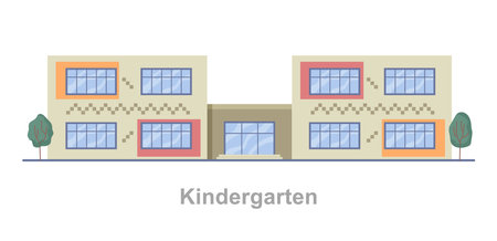 Exterior of kindergarten, isolated municipal building facade. Vector flat cartoon style, place for children to teach and obtain skills. Preschool education for kids, improvement and developmentのイラスト素材