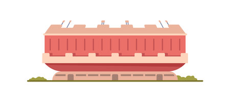 Building construction of soccer arena, stadium vector illustration in flat style. Stadium and sport building, football field architecture. City modern sporting architecture glass facade cartoon iconのイラスト素材