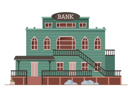 Bank in wild west, building exterior with sign and entrance. Vector flat cartoon, isolated house or wooden institution in western part of America. Retro architecture or rustic design of homeのイラスト素材