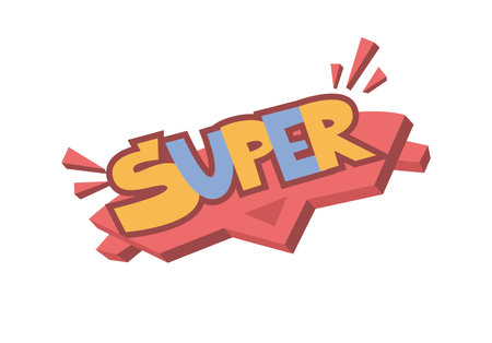 Super word in street art or graffiti style, comic speech sound effect in creative manner. Vector characters or murals expressions, stickers for social media. Reaction or communication exclamationのイラスト素材