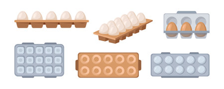 Eggs in boxes, farmer production, organic farm food for market place, store or shop. Vector poultry products, agriculture chicken ingredients in open packages. Organic raw meal from mallのイラスト素材