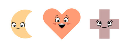Funny geometry characters, isolated cute geometric shapes set. Vector smiling moon and cross with eyelashes, heart with exited muzzle expression. Personages for stickers, emoticons or emojiのイラスト素材