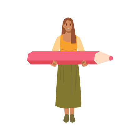 Woman with pencil in hands, copywriter or blogger. Vector girl with big pink pencil, draftsman or author human character, journalist or student. Blogger or journalist, interviewerのイラスト素材