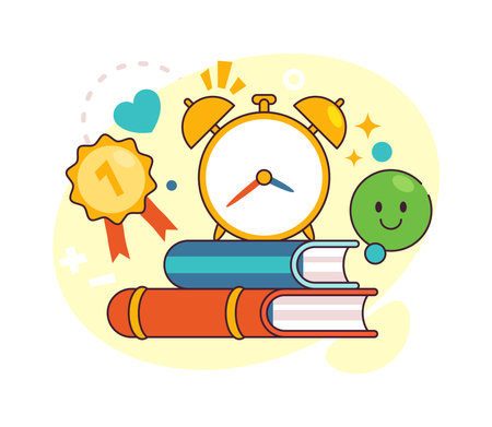 School books and textbooks, pile of publications with alarm clock. Vector flat college or university supplies for studying, isolated emoticon and prize for first place in competitionのイラスト素材
