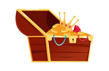Gold and coins, crowns and jewelry. Vector isolated treasures in old vintage wooden chest, pirate hunt for ancient royal wealth and money. Open container with wealthy gemstones and necklacesのイラスト素材