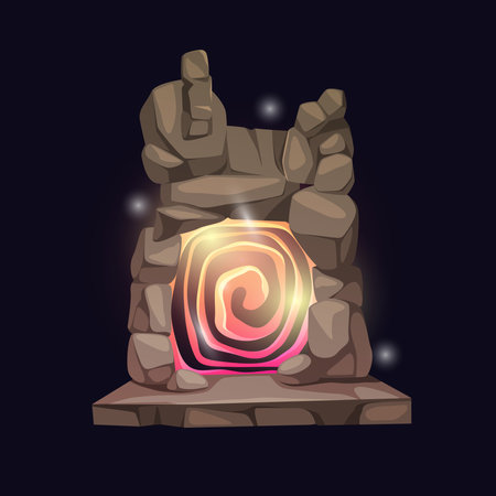 Magic portals with magma and fire flames, flares. Vector isolated leveling up and teleportation gates for game design. Adventures and traveling in space and time. Gateways made of rocksのイラスト素材