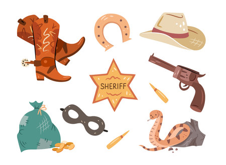 Cute wild west elements collection. Vector cowboy boots with spurs and hat, revolver and high caliber cartridge, horseshoe and sheriff badge, mask and snake near stone, gold coins in sackのイラスト素材