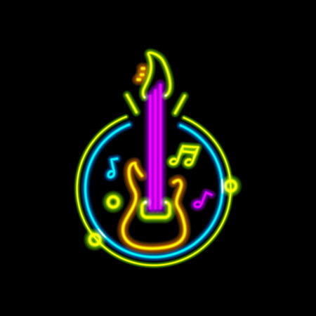 Guitar logo for night club or festival, isolated realistic neon board with string instrument. Vector rock n roll, stars and shining lines and decoration. Label or sticker, logotype or signのイラスト素材