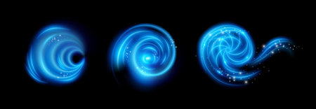 Light circles with light neon effect and small shining particles or magic sand in motion. Vector glowing ring traces. Luminous spirals with bright dust. Swirls for websites or games designのイラスト素材