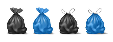 Filled trash bags filled with litter and disposables. Vector isolated realistic sacks with discharge, organic dump or household garbage. Biodegradable alternative and waste pollution handlingのイラスト素材