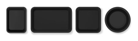 Packaging for food or snacks. Vector isolated set of realistic plastic trays wrappers for products in shops and supermarkets. Top view of boxes for storage made of light foam materialのイラスト素材