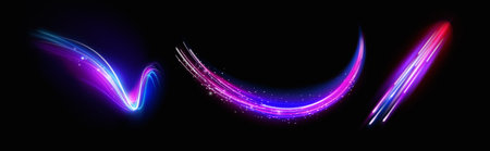 High speed effect motion blur night lights. Vector isolated set of realistic neon brightness with...