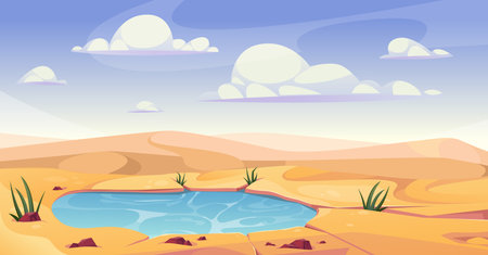 Dunes and oasis in desert. Vector in cartoon style, game scene with abandoned land and wilderness. Landscape with pond, lake with water and greenery. Perspective with vast sands and emptinessのイラスト素材