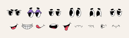 Facial parts and face expressions of vintage mascot cartoon character. Vector isolated eyes frowning in anger, surprised and sad. Mouths with smirk or grin, laugh or smile, whistle or stick out tongueのイラスト素材