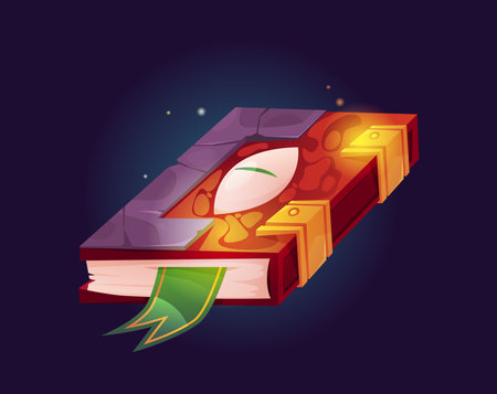 Closed magic book with eye decoration, bookmark and glowing. Vector isolated enchantment and witchcraft, sorcerer handbook with spell recipes and alchemy tips. Grimoire or textbook for gameのイラスト素材