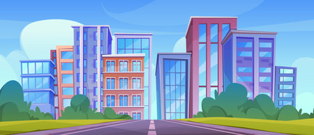 Daylight cityscape, town landscape with asphalted road leading to skyscrapers. Vector buildings and residential blocks or units exterior and facade. Architecture of downtown or suburbs skylineのイラスト素材