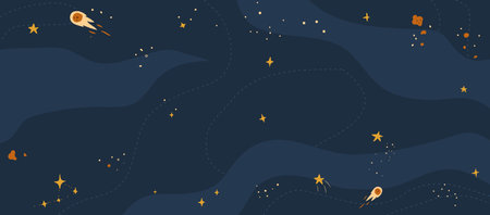 Comets and shooting stars, night sky with illuminating celestial bodies. Vector in flat style,...