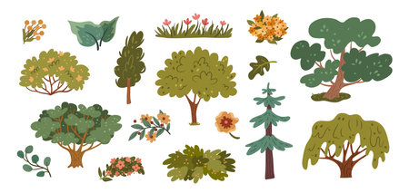 Forest floral elements. Vector in flat style, isolated evergreen trees and bushes with lush foliage. Flowers in blossom, meadow or field decoration, landscaping design of park or gardenのイラスト素材
