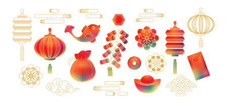 Chinese New Year icons vector set. Year sign, cherry blossom flower, firework, hanging lantern, cloud isolated icon of Asian Lunar Holiday. Pot with money, oriental culture tradition illustrationのイラスト素材