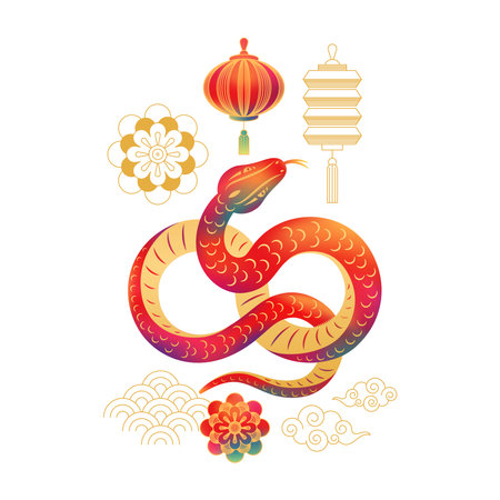 Gradient line snake lantern flower cloud, CNY. Greeting card happy chinese New Year 2025. Zodiac sign with hanging lamp lantern, for banner design. China lunar calendar oriental spring festival cardのイラスト素材