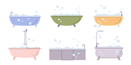 Acrylic, cast iron and porcelain baths collection, isolated tubs with soapy water and flying bubbles. Vector set of bathtubs in various shapes and sizes. Shower room items with unique designのイラスト素材