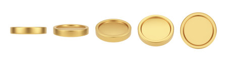 Front and side view of golden coin. Vector isolated realistic 3d money or round metal piece with copy space. Financial assets and capital, investment and deposit, currency and commerce marketのイラスト素材