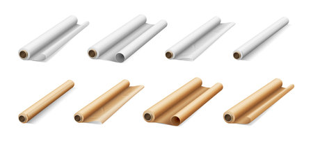 Baking paper or foil package sheet, towel with recycling wrapping parchment. Vector of papyrus parchment wrapping, cartoon tube manuscript, kitchen wrapping paperのイラスト素材