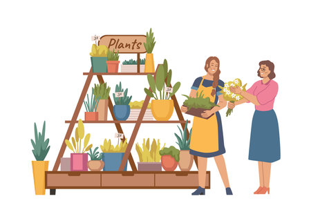 Florist store seller speaking to client. Vector isolated flower shop shelf with potted plants with lush greenery and foliage. Flora composition and bouquet for home interior and holiday giftのイラスト素材