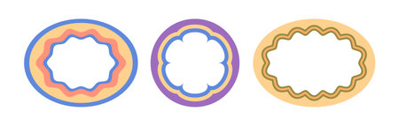 Wavy hippie or funky frames. Vector isolated set of flat oval or circular shapes with copy space. Trendy banners or posters for social media highlights. Collage for album, vivid doodlesのイラスト素材